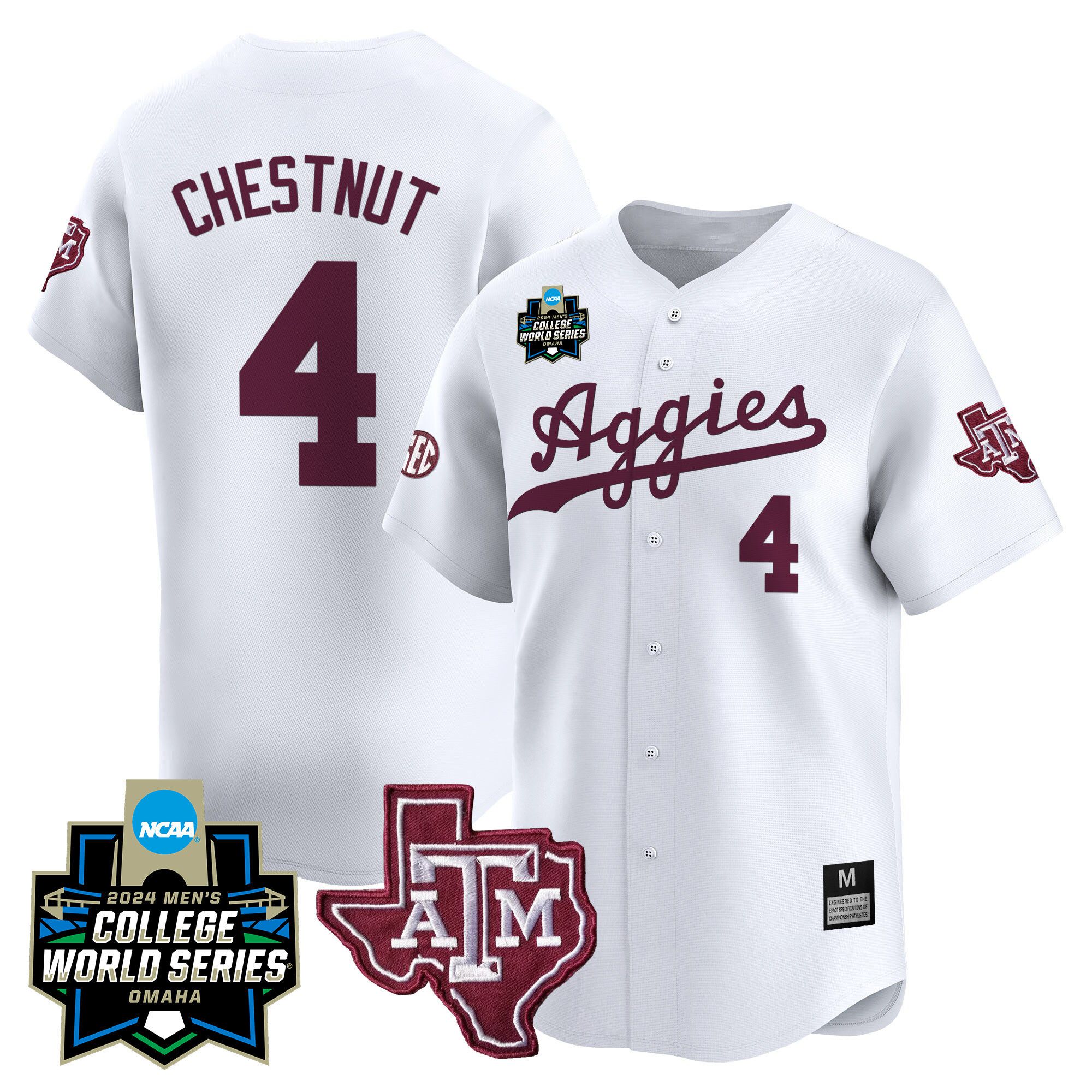 Men Texas A&M Aggies #4 Chestnut White 2024 College World Series Vapor Premier Limited NCAA Jersey